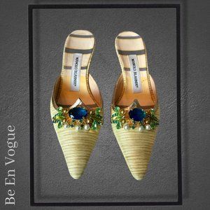 Manolo Blahnik Kitten Heel Satin Crystal Embellished Mules